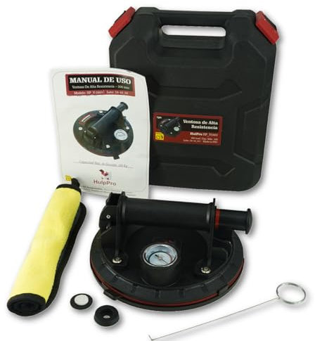 HulpPro 1 UN Ventosas para Cristal 200mm Ventosas para Azulejos con Manómetro de Presión y Estuche, Capacidad 100Kg, Eleva y Transporta Azulejos, Cristal, espejos, ventanas, Superficies Lisas