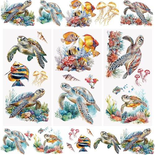 WANDIC 3Pcs Marine Animal Theme Rub On Transfer Sticker,Turtles Sticker Tropical Fish Decal for Present Packaging DIY Scrapbooking Albums Furniture,15 * 30cm