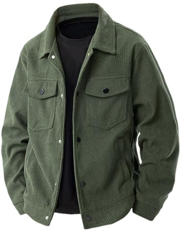 ANUFER Hommes Décontracté Velours Côtelé Veste Chemise Manches Longues Bouton en Bas Manteau de Camionneur SN0704202 Vert d'armée L