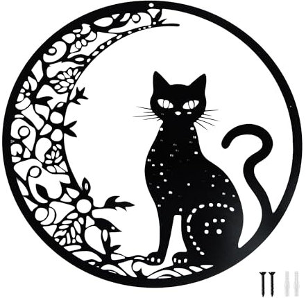 mongtsamz 30 cm Decorazione da Parete in Metallo,Nero Luna e Gatto Decorazioni Parete Metallo Decorazione Muro,Animali Per Arte Silhouette Per soggiorno Camere Letto Uffici Altro