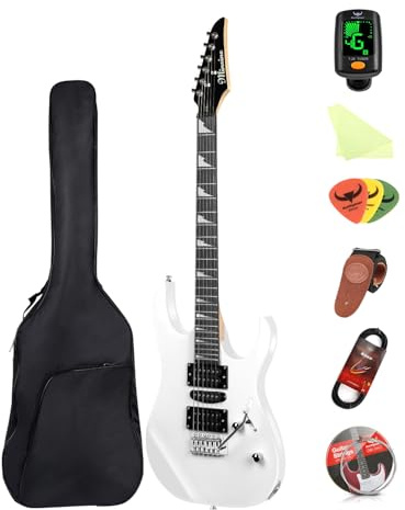 Bullfighter 39 Inch Electric guitar 4/4 Full Size, HSH Pickup, Guitar Electric for Beginners Starter Music Lover with 8 Accessories Guitar Bag, Strap, Picks, Tuner, Strings and Cable. MS-170 (White)