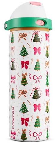 POWCAN 24 oz Christmas Stainless Steel Water Bottle: 2-in-1 Push-Button Spout & Quick-Flip Straw, Leakproof, Fits in Car Cupholder, Insulated Water Bottle for Holiday Gift, Sports, Travel (Merry Bows)