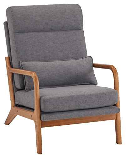 Karl home Accent Chair, Mid-Century Modern Armchiar Lounge Reading Chair with Pillow High Back Line Fabric Upholstered Solid Wood Frame & Soft Cushion for Living Room, Bedroom, Balcony, Grey