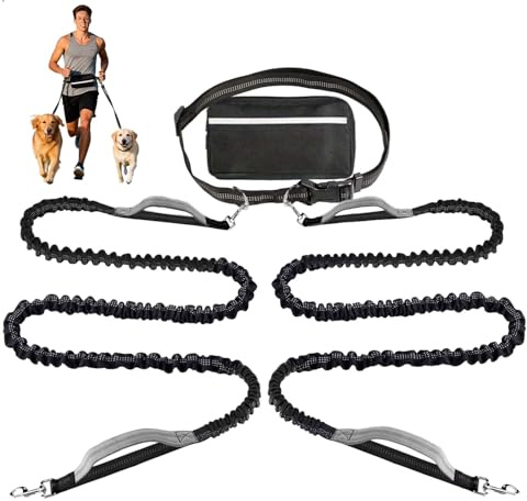 Doppelleine für 2 Hunde, Bauchgurt Hundeleine Wandern, Einziehbare Dog Leash für Joggenwalken, Jogging Leine hundeleines, Freihandleine für Mittelgroße und hundeleine roße Hunde (Schwarz)