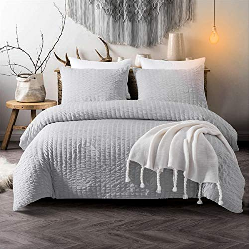Grey Classic Seersucker Duvet Cover for Teens Adults Pinch Pleat Bedding Set with 2 Pillowcases Classic Puckering and Crimping Quilt Cover with Zipper Closure Double Size 200×200cm
