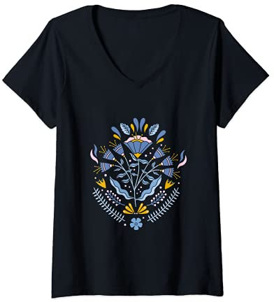 Damen Schönes Blumen-Design mit lila Glockenblumen. T-Shirt mit V-Ausschnitt