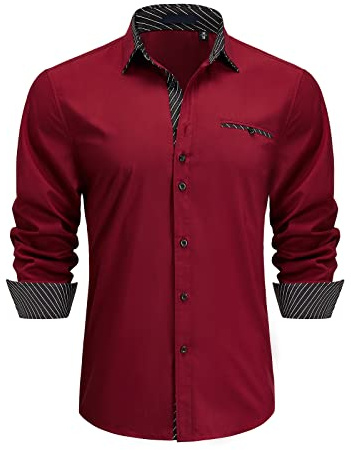 Enlision Men's Dress Shirts Long Sleeve Business Casual Shirt Regular Fit Button Up Shirts Red L