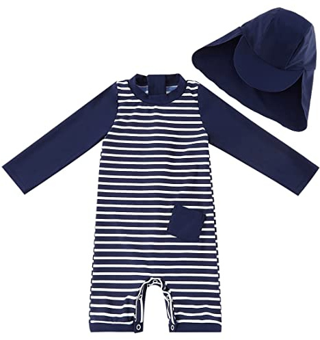 UMELOK Baby Jungen Badeanzug UV Schutz 50+ Einteilige Schwimmanzug Mit Sonnenhut (Blau Streifen, 6-9 Monate/68-74 cm)