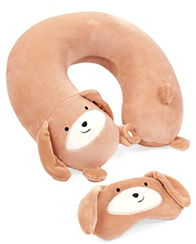 Memory Foam Reisekissen Kinder Nackenkissen Kinder Niedliche Tierform Nackenhörnchen Kopfstütze Baby Reise Schlafkissen mit Augenabdeckung (Khaki-Hund)