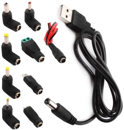 RUNCCI-YUN Cavo di Alimentazione da USB a DC, 9 in 1 Adattatore di Alimentazione DC 5.5x2.1 mm Femmina a Maschio Jack Connettore, Barrel Tips CC per laptop, altoparlanti,power bank,router,ecc