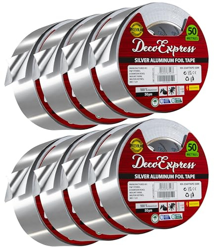 DECO EXPRESS Aluminium Foil Tape Adhesive Insulating Sealer 4.5cm x 10m/25m/50m Heat Resistant Waterproof Insulation Tape (50 M, 8 Pcs)