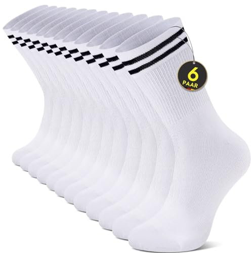 YouShow Socken 6 Paar Sportsocken Herren Crew Damen Weiß Atmungsaktiv 43-46 Retro Tennissocken Baumwollsocken