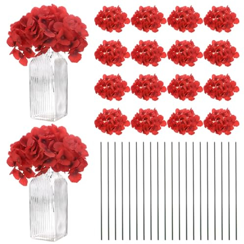 M METERXITY 40-pack hortensiablommor, konstgjorda blomhuvuden med 40 st stjälkar, fulla hortensia blommor för heminredning/bröllop/jul/gör-det-själv/fest/trädgård [ljusröd svart]