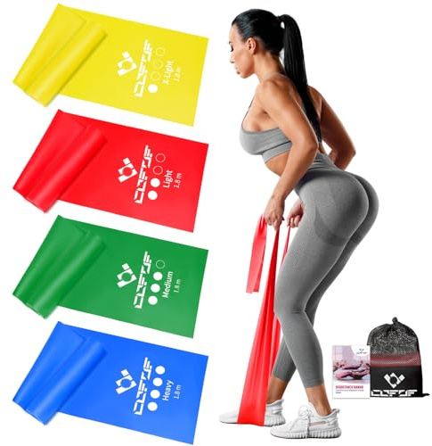 COFOF Fitnessbänder 4er-Set, Gymnastikband mit 4 Widerstandsstufen, Fitnessband mit Tragetasche & Übungsanleitung Geliefert Ideal für Yoga, Pilates(gelb, blau, grün, Rot)