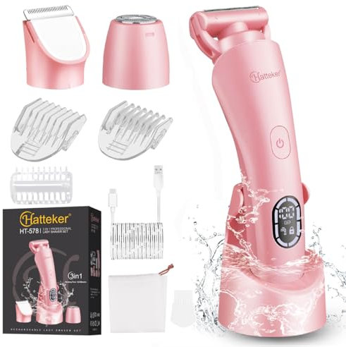 Hatteker Elektrorasierer für Damen Intimrasierer für Frauen Epilierer Bikini Trimmer 3-in-1 Damenrasierer Elektrisch Led-Anzeige IPX7 Wasserdicht mit USB-Ladestati (rosa)