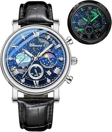 Tiong Classico orologio analogico multifunzionale da uomo, orologio orario luminoso cielo stellato fase lunare, Moon Phase-02