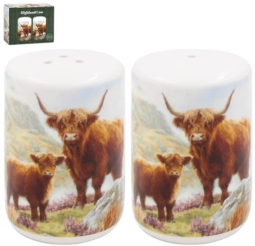 The Leonardo Collection Highland Cow Salt & Pepper by Macneil Studios | Porcelain Shaker Set with Highland Cattle Design | Rustic Farmhouse Style | Elegant Kitchen Tableware | Gift for Animal Lovers