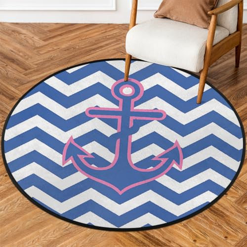 Mexpekil Blauer gestreifter Anker-Teppich für Wohnzimmer, waschbare Bodenmatte mit rutschfester Unterseite, 160 cm Durchmesser, runde Fläche, moderne Heimdekoration