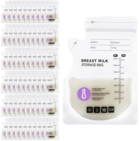 GSrenyu 60Pcs Temp Sensing Breastmilk Storage Bags, 8oz Temperature-Sensing Color Change Milk Bag with Pour Spout Leakproof Zipper Seal Measurement Scale Freezer Fridge