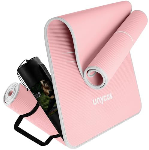 unycos - Tappetino Antiscivolo da Yoga, Pilates e Ginnastica Extra Spesso 10 mm, 183x66 cm | Materassino Fitness, Schiuma NBR, Tracolla, Borsa, E-Book di 50 Esercizi (Rosa/Grigio)