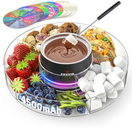 FEPPO Cordless Electric Fondue Pot Set with Mood Light, 2*4500mAh Rechargeable Battery Powered, 7 Game Cards & Detachable Taco Serving Tray, Melted Chocolate Cheese for Outdoor Indoor Parties Camping