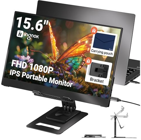 Ingnok 15.6 Portable Monitor, FHD 1080P IPS Ultra-Slim Travel Monitor with Kickstand, USB-C & Mini HDMI, External Second Screen for Laptop/PC/MacBook/Phone/Gaming Devices