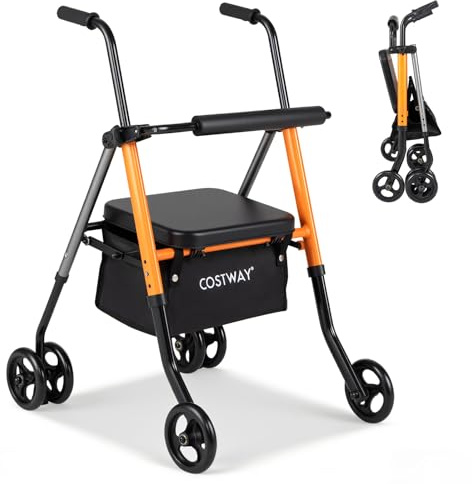COSTWAY Andador para Ancianos Plegable, Andadores Adultos con Asiento, Respaldo, Altura Ajustable, Almacenamiento, Caminadores para Mayores con 4 Ruedas, Carga136kg