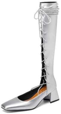 Generico Stivali Ginocchio Donna Punta Squadrata Pelle Verniciata Tacco Largo Stringati Intaglio Traforato Lacci Laterali Scarpe Eleganti Festa Sexy