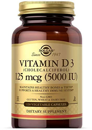 Solgar Vitamin D3 (Cholecalciferol) 125 Mcg (5000 IU), 120 Vegetable Capsules - Helps Maintain Healthy Bones & Teeth - Immune System Support - Non-GMO, Gluten Free, Dairy Free, Kosher - 120 Servings