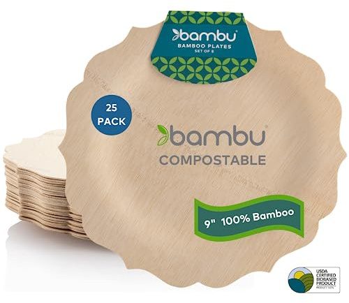 Bambu Pack of 25-9 Inch Disposable Bamboo Plates Fancy, Biodegradable Eco Friendly Products, Bamboo Disposable Plates for Party, Weddings, and Events, Great For Any Occasion, Compostable Plates