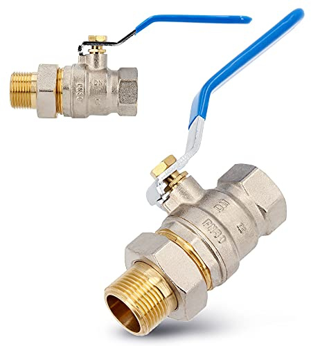 Messing Kugelhahn Ø 3/4 Zoll mit Verschraubung DN20 Innengewinde Außengewinde & Hebelgriff Stahlgriff | Voller Durchgang Absperrventil Absperrhahn mit Drossel PTFE Dichtring Blau Vernickelt