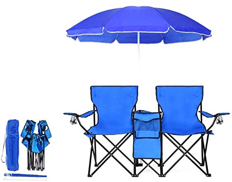 Yadlan Campingstuhl Zum Mitnehmen, Doppelsitzer Strandstuhl mit Sonnendach, Wetterfest Angelstuhl Karpfenstuhl mit Sonnenschirm, Klappbarer Faltstuhl Sac Isotherme IntéGré