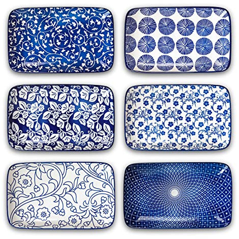 Selamica Lot de 6 assiettes rectangulaires en céramique de 20,3 cm pour salade, dîner, pâtes, desserts, apéritifs, sushis, fruits, passent au micro-ondes, four, lave-vaisselle - Bleu vintage