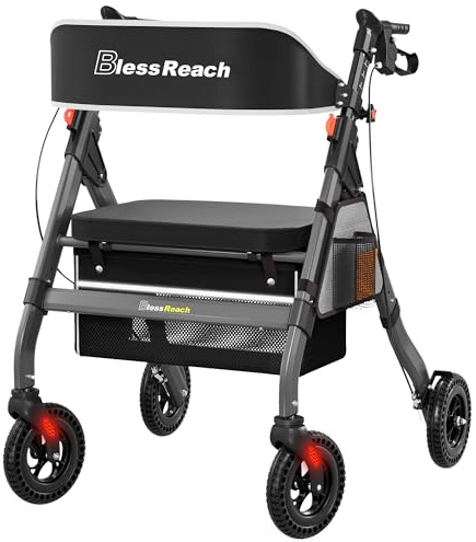 BlessReach Foldable Rollator Walkers with Seat for Seniors, 450 lb Capacity, 8'' Wheels, 18 Big Seat, 6-Position Height, Heavy-Duty Aluminum Rolling Walker (Grey)