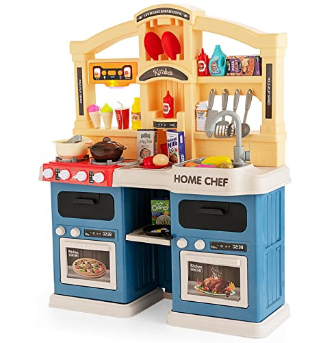 COSTWAY Kids Kitchen Playset, Toddler Pretend Play Toy Set with 69 Pcs Accessories, Realistic Lights & Sounds, Sink, Steam Spray Simulation, Indoor Cooking Play Kitchen for Children (Blue)