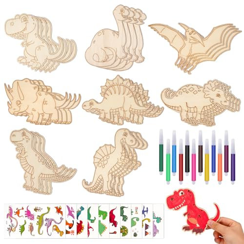 Dinosaurier Holz Bastelset 54 Pcs, Dinosaurier Bastelset, Kindergeburtstag Basteln mit 32 Dinosaurier Holz, 12 Farbstifte, 10 Aufkleber, Holz Basteln Kinder für Mädchen/Jungen DIY Geburtstag Handwerk