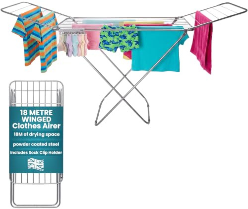 Laundry Mate Extendable Clothes Airer with Sock Clip Extends Up to 180cm | 18M Drying Space Clothes Horse with Non-Slip Feet - Winged Foldable Laundry Rack - Weather Resistant Cloth Dryer for Indoor