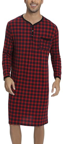 Rutiga pyjamasöverdelar för män, mjuka nattkläder, andningsbara nattlinne, knälängd, nattskjortor, långärmad, lösa nattkläder, vardagskläder, Jul röd blå rutig (94 % polyester, 6 % spandex) -typ1, XXL