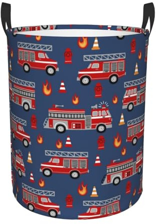 Fire Trucks Laundry Hamper with Durable Handle Waterproof Collapsible Laundry Basket Round Dirty Clothes Storage Basket for Household Bedroom Bathroom Living Room