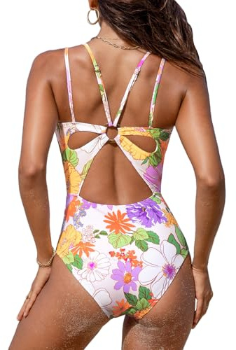 CUPSHE Women's One Piece Swimsuit V Neck Tummy Control Double Adjustable Straps Back Cutout O-Ring, M