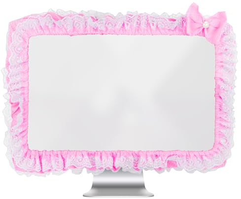 Kingshion 23-27 tum härlig söt datorskärm skydd med härlig söt elastisk pennficka rosettknut TV LCD-skärm dekoration dammskydd, spetstyg, rosa