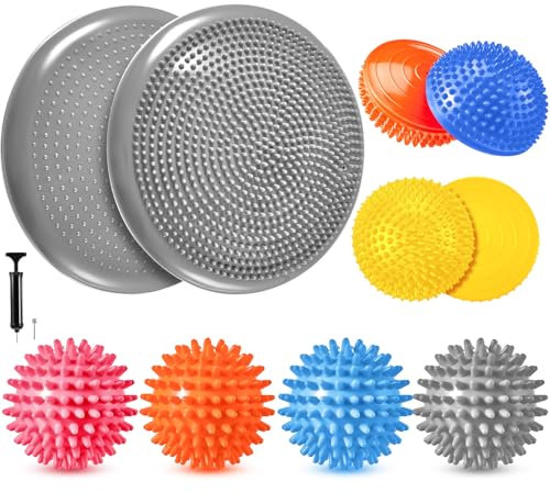 Meooeck Igel-Balance-Pods mit Handpumpe, inklusive 1 ausgewogenem Pad, 3 Balance-Pods, 4 stacheligen Massagebällen für Körper-Balancing, sensorisches Spielen für Kinder und Erwachsene (leuchtende
