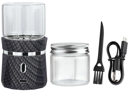 Unique Electric Herb Grinder, Small Spice Grinder Electric herb Grinders Mini Size 2x3.5inches with 2pcs 1.7oz/50ml Glass Jar Herb Jar Portable Grinders Rechargeable Automatic herb Grinder