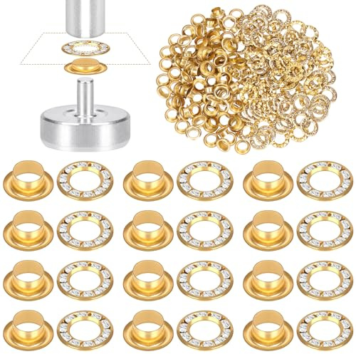 Glarks 100pcs 6mm rondelle kit avec Blanc Diamant rondelle set or laiton rondelle oeillets tissu cuir trou oeillets rondelles pour ceintures chaussures vêtements toile cuir réparation