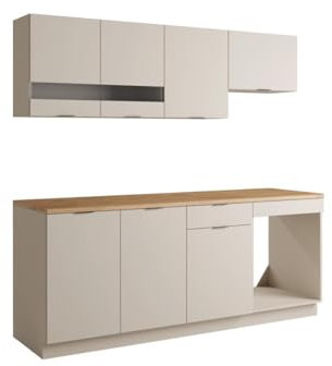 Vente-unique-Cocina Completa - con encimera de 200 cm - Beige y Natural - CARMEO