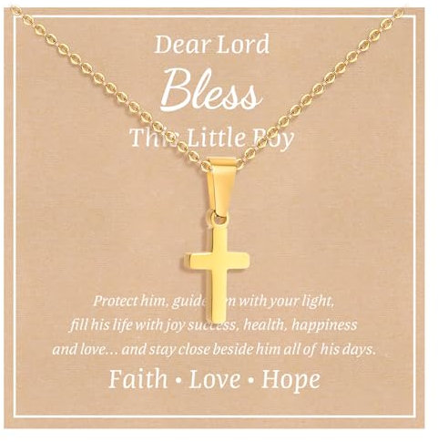 Stainless Steel Cross Necklace for Boys Girls - Silver Gold Cross Chain Necklace Christmas Necklace Jewelry Gift First Communion Baptism Gifts for Teenage Girls Son Nephew Toddler (Boys, Gold Plated)