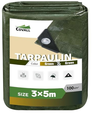 Covall Bâche de Service moyenen 3x5m Bâches Imperméable 100g/m² et résistant à la moisissure Polyvalent Résistant aux déchirures Tente UV Piscine Toit Bac à Sable Bateau Camion VR.(Vert)