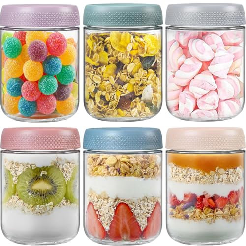 TempFoo Overnight Oats Jar Container set 6, 480ml Glass Mason Jars with Lids, Cereal Milk Vegetable Fruit Salad Jam Protein Porridge Clear Storage Containers, Breakfast Pots with Screw Lid