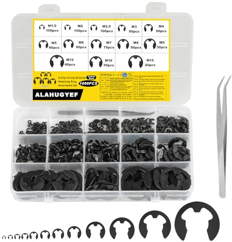 1 000 st. E-clip hopprings-set, E-klämma, säkringsringar, sortimentset, internt externt studsring, brickor för fastsättning av kugghjul, remskivor, 13 storlekar