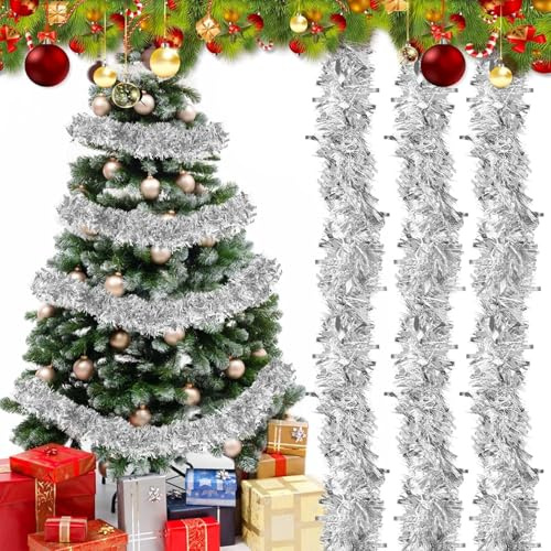 SULOLI Guirnalda de Oropel Navidad de 10 m，Guirnaldas de Tinsel，Espumillón de Cumpleaños，Fiesta，Escalera，Chimenea，Paredes，Árbol de Navidad（Plata）